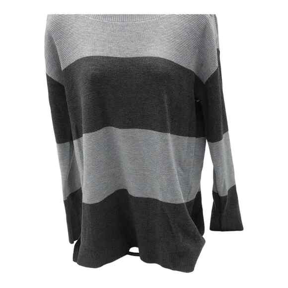 Vince Camuto Women’s Medium Gray Black Stripe Sweater Button Shoulder NWOT - Picture 5 of 15